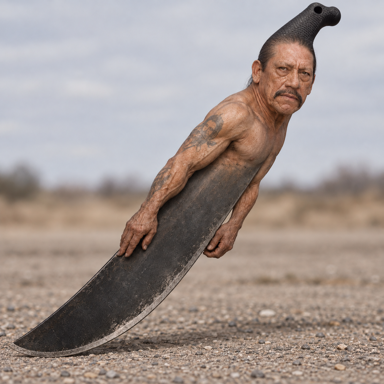 Machete, the human and blade hybrid, standing in a dry landscape